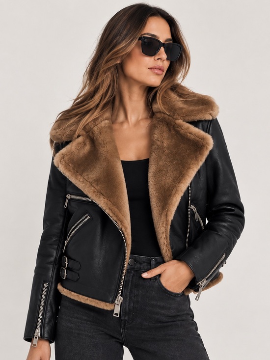 All Saints Jackets & Blazers - AllSaints 100% genuine lamb leather Sola Black & Natural Shearling Leather